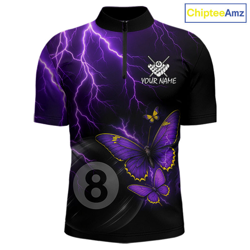 Men's quarter-zip billiard jersey featuring neon butterflies, purple lightning and realistic 8 ball graphics, custom tournament apparel for APA teams, professional pool players and championship competition, representing energy, precision and victory.