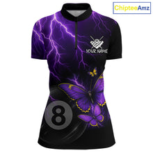 Load image into Gallery viewer, Women's quarter-zip billiard jersey with glowing neon butterflies, purple lightning and 8 ball design, personalized performance apparel for APA, BCA tournaments, pool teams and esports-inspired style.