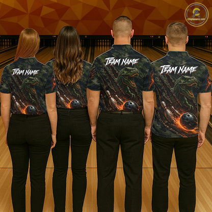 Bowling team wearing matching Green Camo Dinosaur Bowling Polo & Quarter-Zip shirts with personalized names during league competition at bowling alley, custom bowling team uniforms, USBC bowling tournament apparel