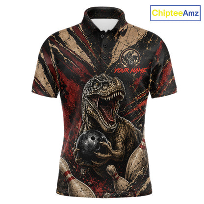 Funny dinosaur retro men's bowling polo, custom bowling shirt, vintage bowling team uniform