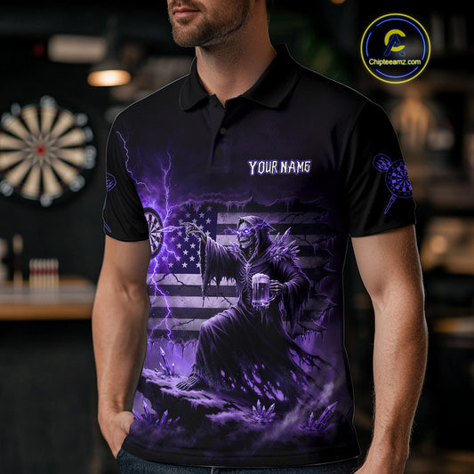 Custom Lightning Purple Grim Reaper Beer Funny Men Darts Polo Shirt US Flag Dart Jerseys NYN1837