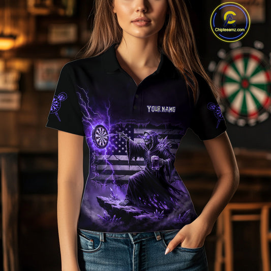 Custom Lightning Purple Grim Reaper Beer Funny Women Darts Polo Shirt US Flag Dart Jerseys NYN1837