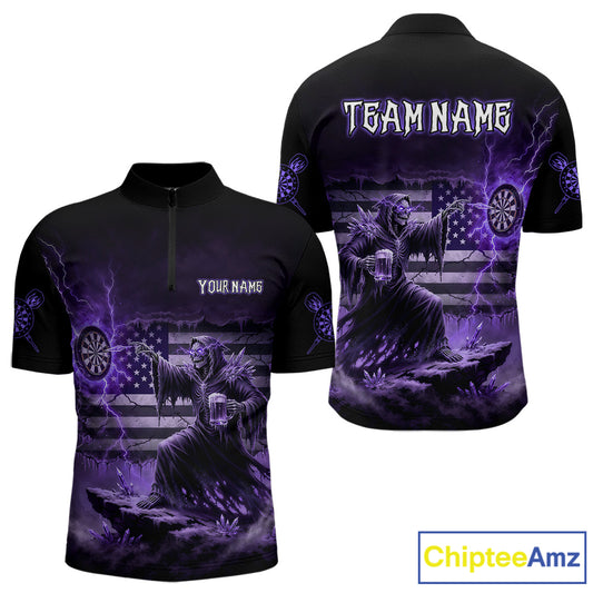 Custom Lightning Purple Grim Reaper Beer Funny Men Darts Quarter-Zip Shirt US Flag Dart Jerseys NYN1837