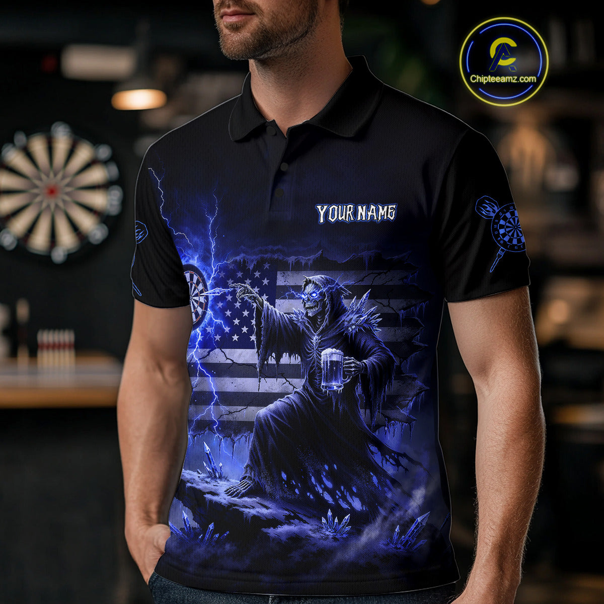 Custom Lightning Blue Grim Reaper Beer Funny Men Darts Polo Shirt US Flag Dart Jerseys NYN1838