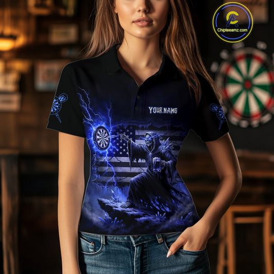 Custom Lightning Blue Grim Reaper Beer Funny Women Darts Polo Shirt US Flag Dart Jerseys NYN1838