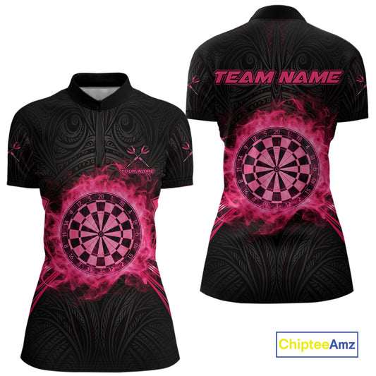 Black And Pink Smokes Dartboard Women Darts 1/4-Zip Shirts Custom Tribal Dart Team Jerseys NYN2349