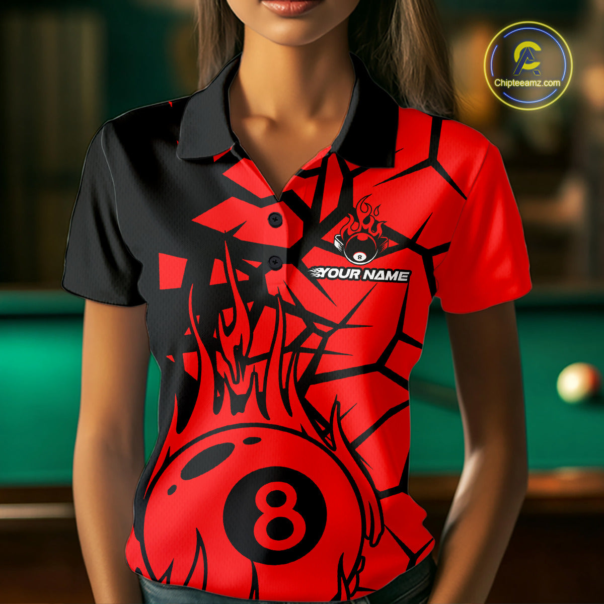 Black And Red Cracked Flaming Pool 8 Ball Women Billiard Shirt Custom Ball Billiard Team Attire NYN2625