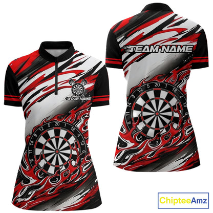 Black And Red Dartboard Fire Flame Darts Team Shirt For Women Custom Darts Polo 1/4-Zip Jersey NYN3940