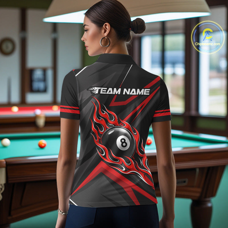 Fire Flame 8 Ball Billiard Team Shirt For Women Custom Black And Red Pool Billiard Team Jersey NYN3941