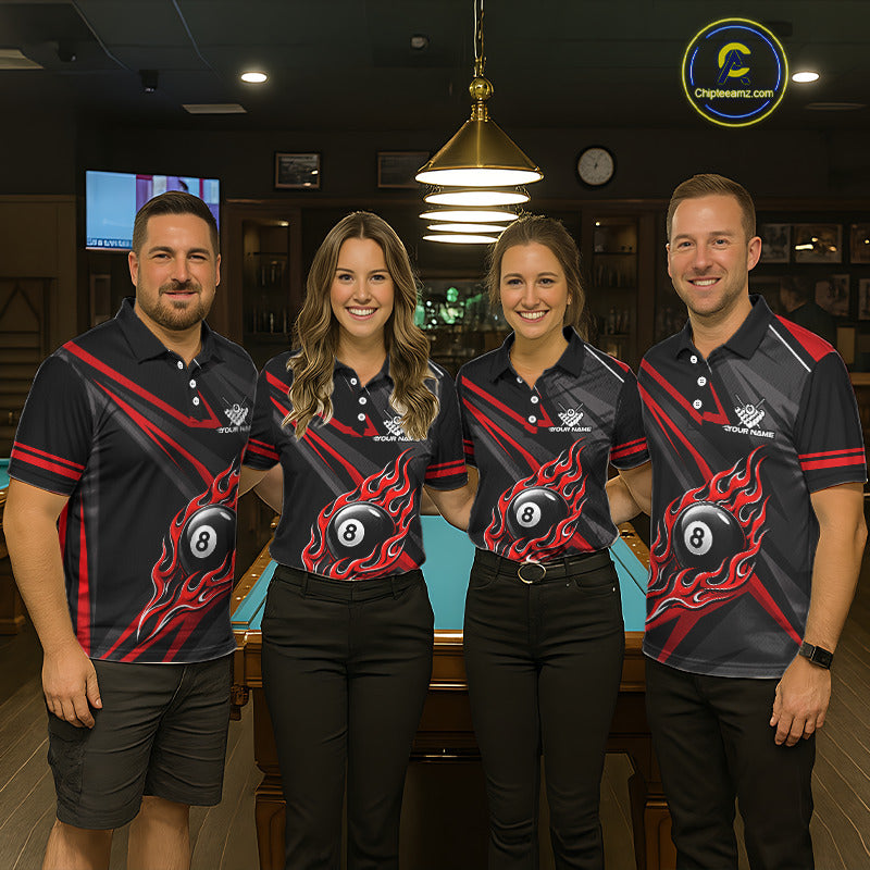 Fire Flame 8 Ball Billiard Team Shirt For Women Custom Black And Red Pool Billiard Team Jersey NYN3941