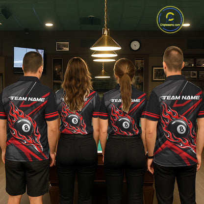 Fire Flame 8 Ball Billiard Team Shirt For Women Custom Black And Red Pool Billiard Team Jersey NYN3941