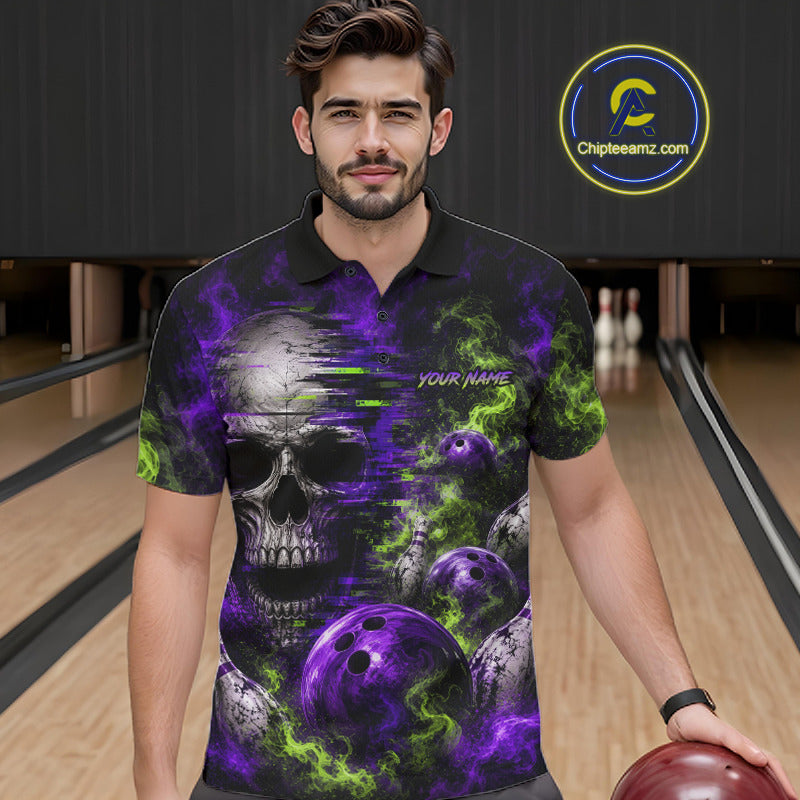 Custom Green & Purple Smoke Skull Bowling Shirts For Men Retro Skull Bowling Tournament Shirt NYN3945