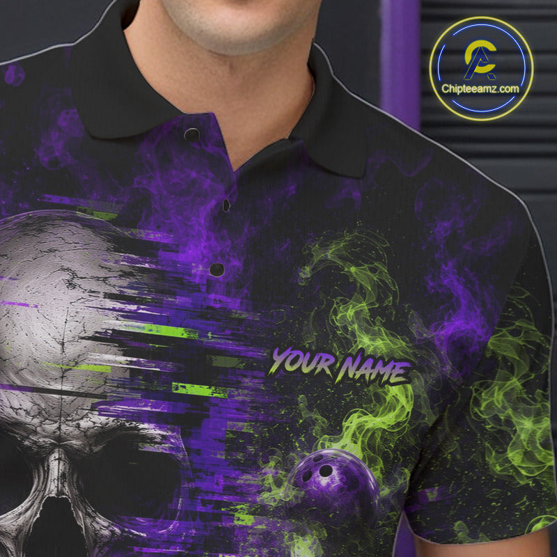 Custom Green & Purple Smoke Skull Bowling Shirts For Men Retro Skull Bowling Tournament Shirt NYN3945