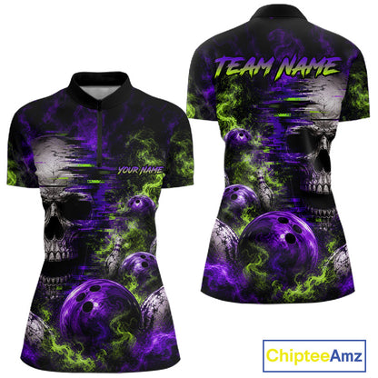 Custom Green & Purple Smoke Skull Bowling Shirts For Women Retro Skull Bowling Tournament Shirt NYN3945