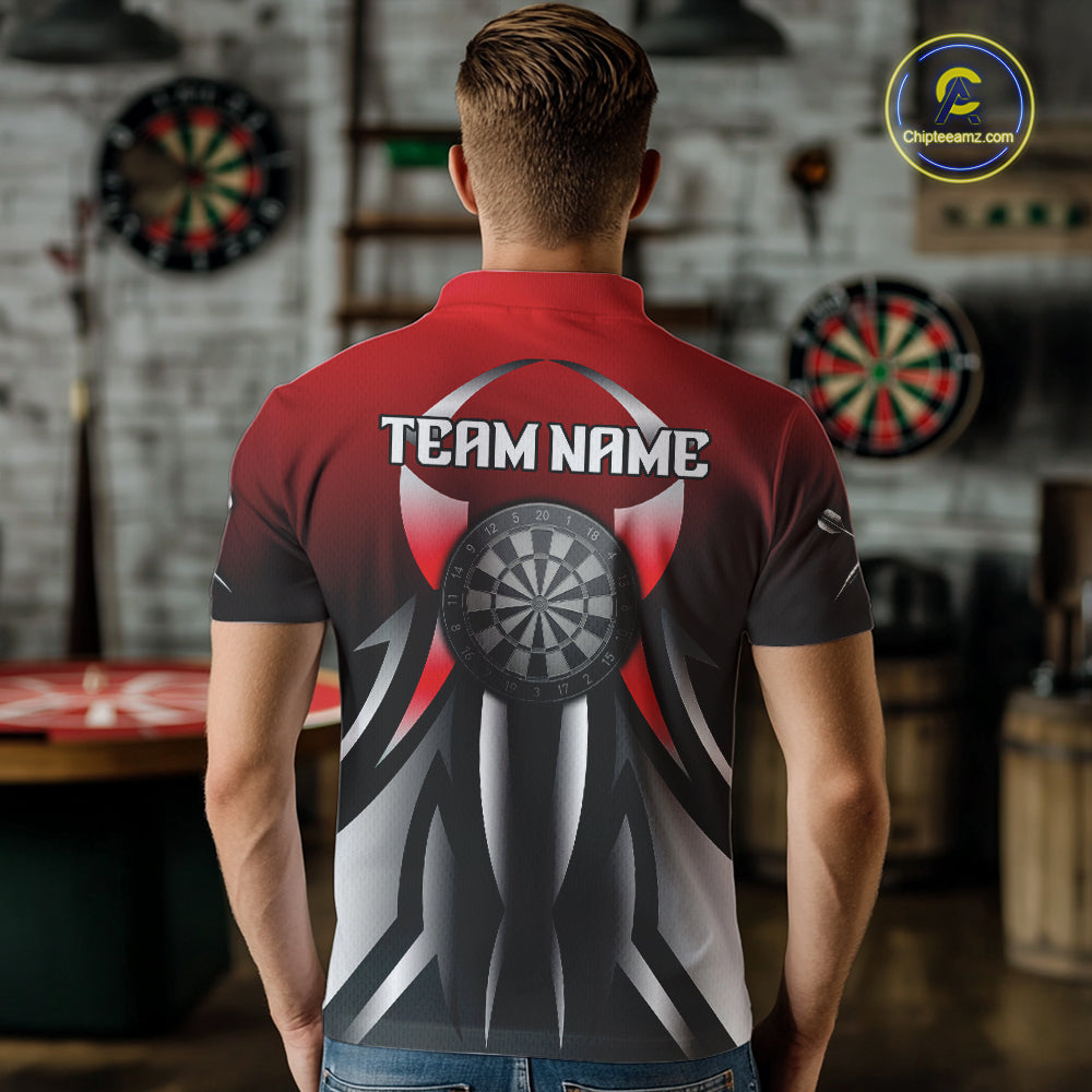 Red And Gradient Silver Darts Polo & 1/4-Zip Shirt For Men Custom Name Dart Jersey For Darters NYN3003