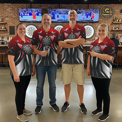 Red And Gradient Silver Darts Polo & 1/4-Zip Shirt For Men Custom Name Dart Jersey For Darters NYN3003
