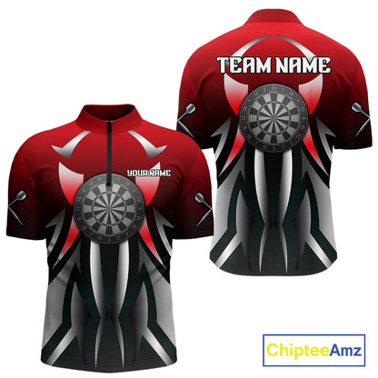 Red And Gradient Silver Darts Polo & 1/4-Zip Shirt For Men Custom Name Dart Jersey For Darters NYN3003