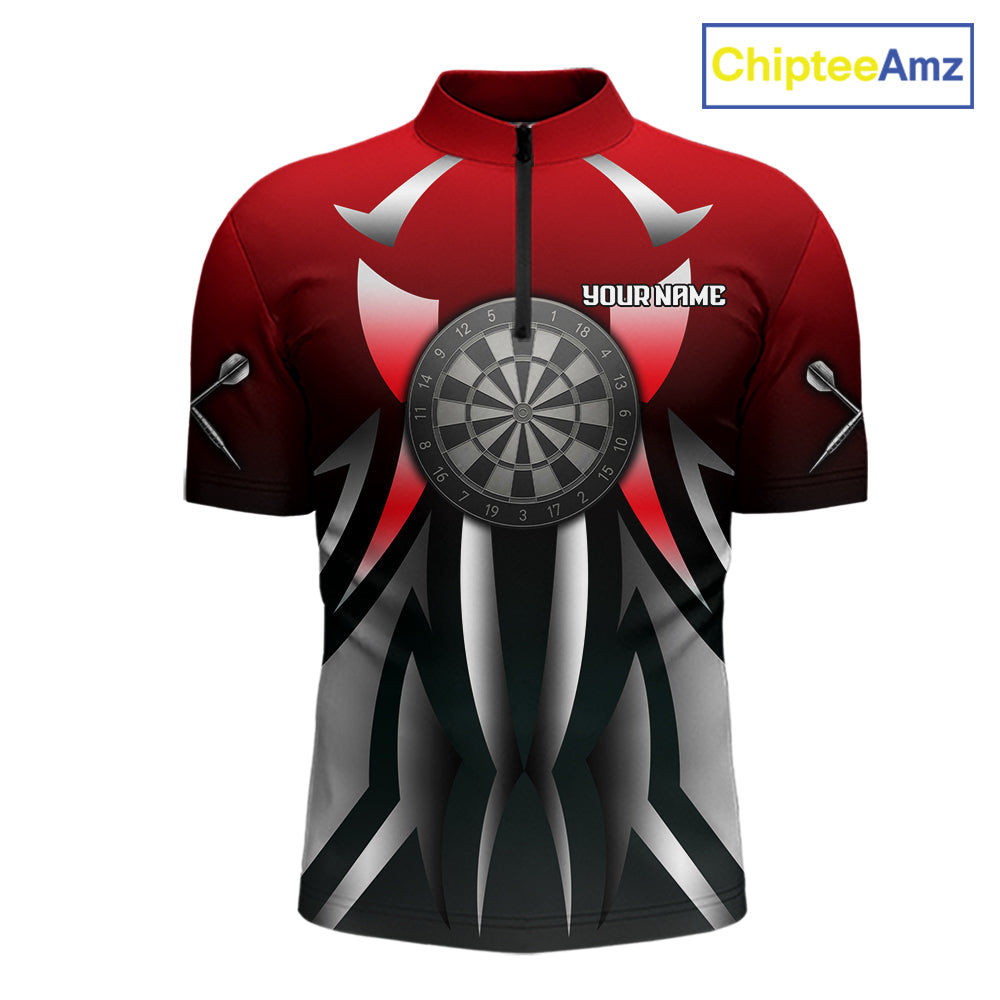 Red And Gradient Silver Darts Polo & 1/4-Zip Shirt For Men Custom Name Dart Jersey For Darters NYN3003