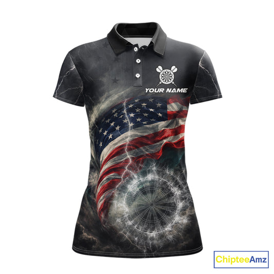Custom American Flag Tornado White Thunder Darts Women Polo & 1/4-Zip Shirts Dart Team Jerseys NYN2807