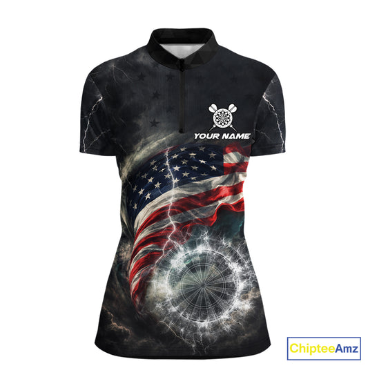 Custom American Flag Tornado White Thunder Darts Women Polo & 1/4-Zip Shirts Dart Team Jerseys NYN2807