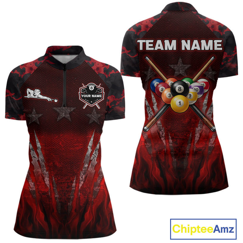 Personalized Gunge 8 Ball Pool Billiard Polo & 1/4 Zip For Women Custom Red Camoflage Billiard Attire NYN3017