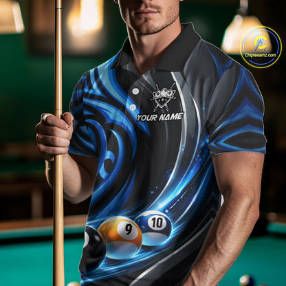 Black And Blue Tribal Light 8 Ball Pool Men Polo & 1/4-Zip Shirt Custom Billiards Ball Jerseys NYN2430