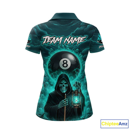 Teal Thunder Grim Reaper 8 Ball Pool Women Polo & 1/4-Zip Shirt Custom Billiard Ball & Cue Gifts NYN2436