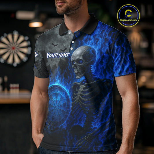 Custom Grey And Blue Flames Dartboard Skeleton Dart Men Polo Shirt Dart Team Jerseys NYN1628