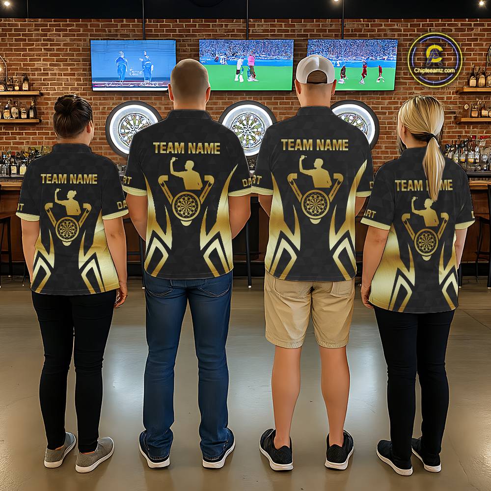 Black & Gold Human Play Dartboard Men Dart Shirts Custom Darts Polo Team Jersey NYN2449