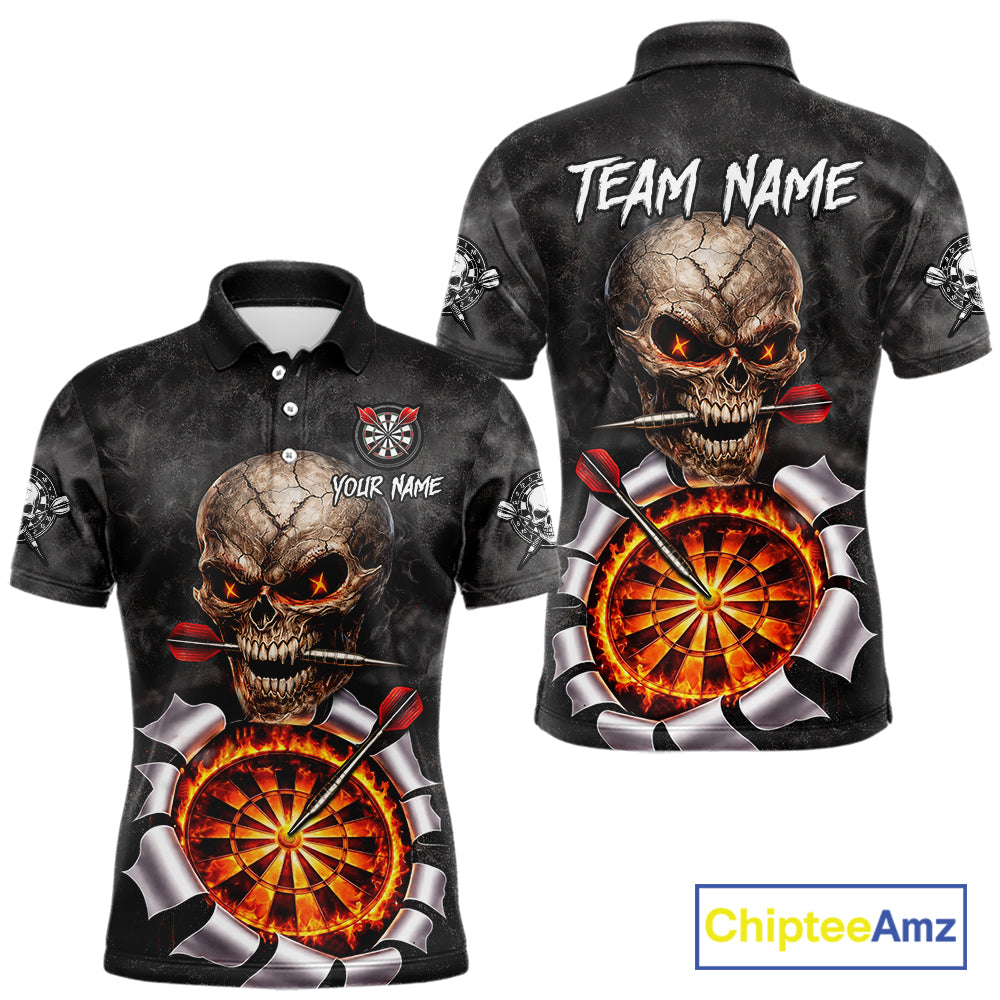 Custom Smoke Grunge Skull Torn Fire Flame Darts Polo & Quarter-Zip Shirts For Men Dart Team Jerseys NYN2822