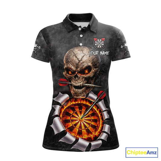 Custom Smoke Grunge Skull Torn Fire Flame Darts Polo & Quarter-Zip Shirts For Women Dart Team Jerseys NYN2822