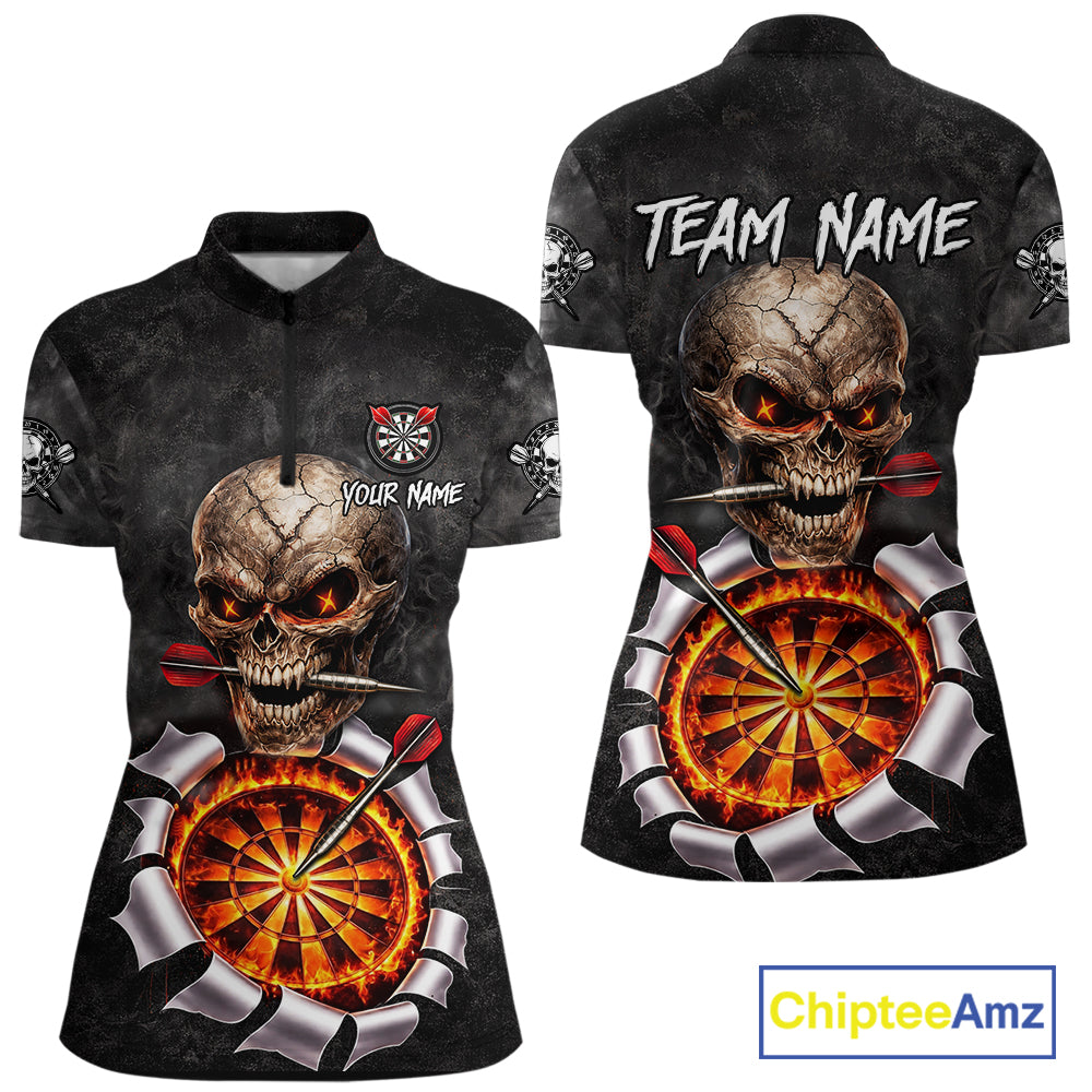 Custom Smoke Grunge Skull Torn Fire Flame Darts Polo & Quarter-Zip Shirts For Women Dart Team Jerseys NYN2822
