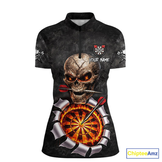 Custom Smoke Grunge Skull Torn Fire Flame Darts Polo & Quarter-Zip Shirts For Women Dart Team Jerseys NYN2822