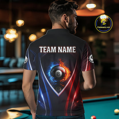 Blue And Red Flames 8 Ball Pool Men Polo & 1/4-Zip Team Shirts Custom Billiards Ball Apparel NYN2457
