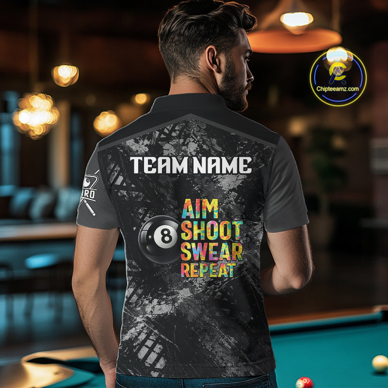 Aim Shoot Swear Repeat Ball Pool Men Polo & 1/4-Zip Team Shirt Custom 8 Ball Billiards Apparel NYN2466