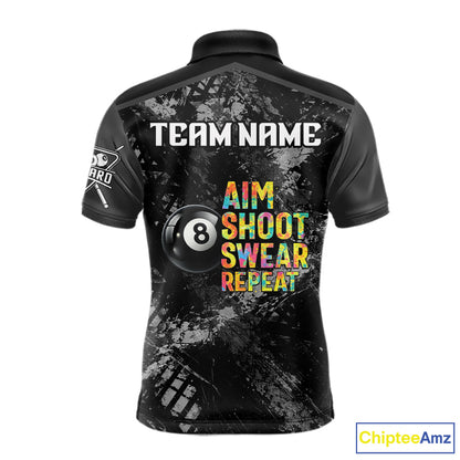 Aim Shoot Swear Repeat Ball Pool Men Polo & 1/4-Zip Team Shirt Custom 8 Ball Billiards Apparel NYN2466
