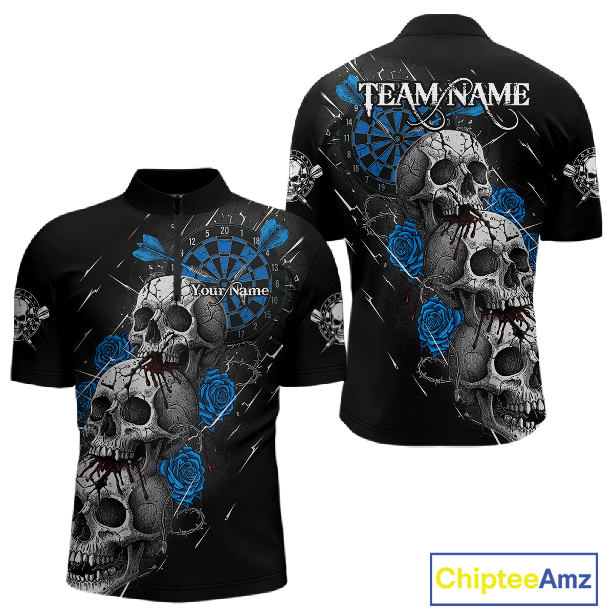 Custom Blue Roses Blood Dripping Skull Dartboard Men Darts Quarter-Zip Shirt Dart Jerseys NYN1926