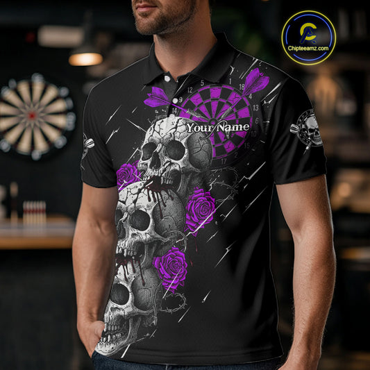 Custom Purple Roses Blood Dripping Skull Dartboard Men Darts Polo Shirt  Dart Jerseys NYN1928