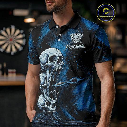 Custom Blue Grunge Creepy Skull Flame Dart Arrow Men Darts Polo Shirt Dart Jerseys NYN1938