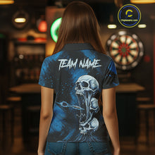 Load image into Gallery viewer, Custom Blue Grunge Creepy Skull Flame Dart Arrow Women Darts Polo Shirt Dart Jerseys NYN1938