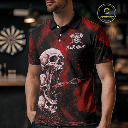 Custom Red Grunge Creepy Skull Flame Dart Arrow Men Darts Polo Shirt Dart Jerseys NYN1939