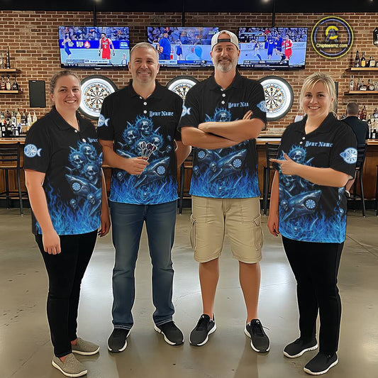 Custom Blue Flames Shark And Skull 3D Men Darts Quarter-Zip League Shirts Funny Dart Jerseys NYN2203