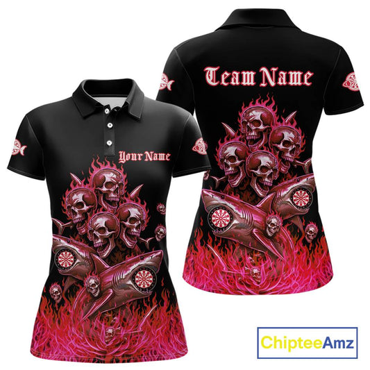 Custom Red Flames Shark And Skull 3D Women Darts Polo League Shirts Funny Dart Jerseys NYN2204