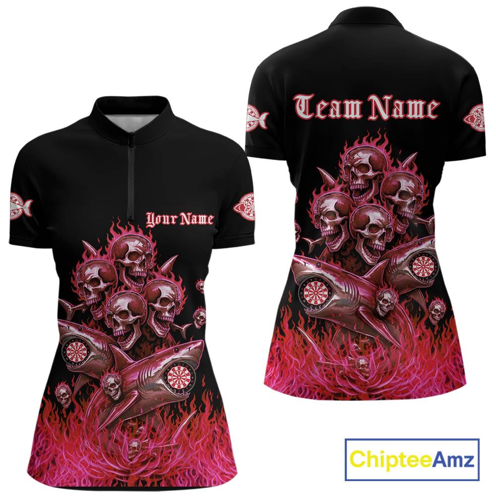 Custom Red Flames Shark And Skull 3D Women Darts Quarter-Zip League Shirts Funny Dart Jerseys NYN2204