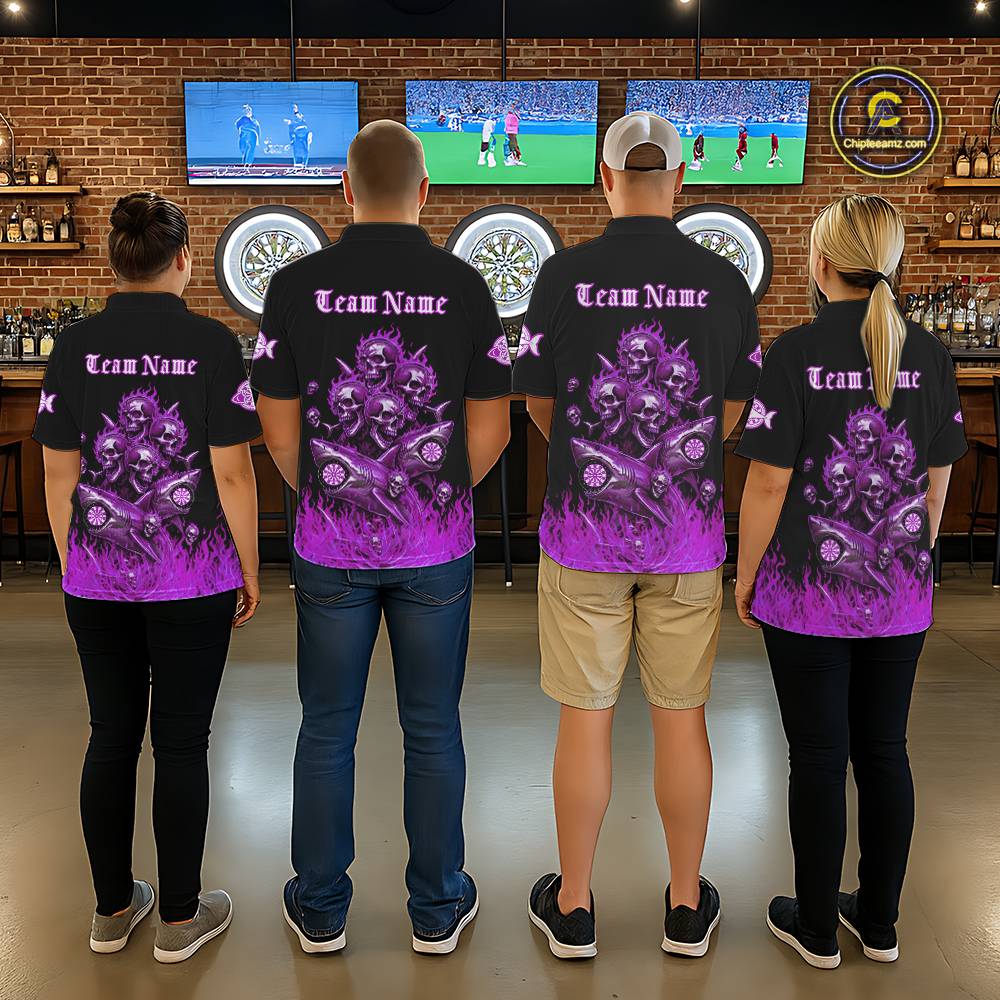 Custom Purple Flames Shark And Skull 3D Men Darts Polo League Shirts Funny Dart Jerseys NYN2205