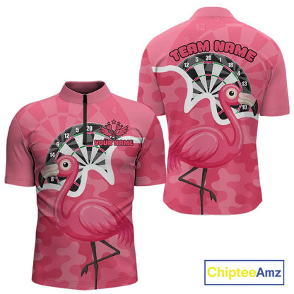 Custom Pink Flamingo Camouflage Dartboard Men Darts Quarter-Zip League Shirts Funny Dart Jerseys NYN2206