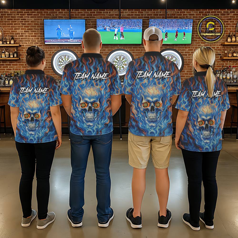 Custom Blue Fire Flaming Skull Dartboard Women Darts Quarter-Zip League Shirts Outfits Dart Jerseys NYN2207