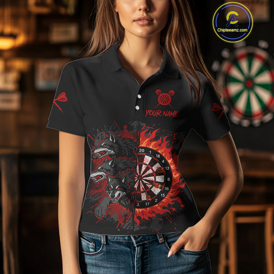 Red Wolfs Flames Dartboard Custom Funny Darts Polo Shirt For Women Grunge Dart Jerseys NYN1953