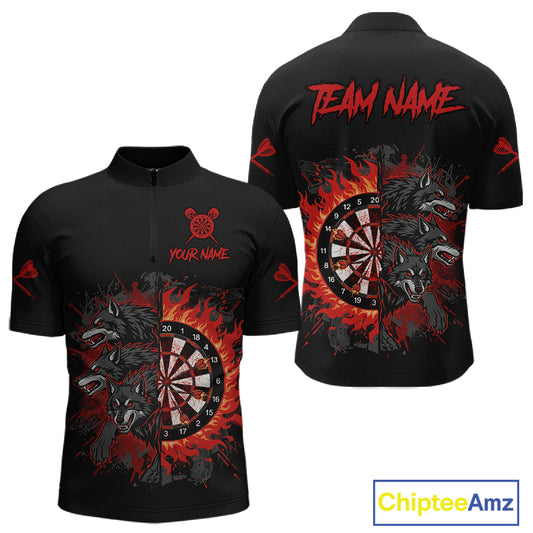 Red Wolfs Flames Dartboard Custom Funny Darts Quarter-Zip Shirt For Men Grunge Dart Jerseys NYN1953