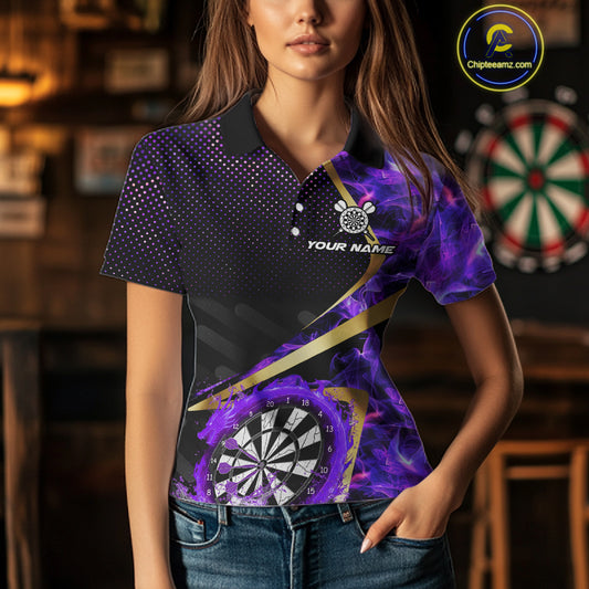 Custom Purple Flames Dragon Dartboard Halftone Dart Women Polo Jerseys Gold Dart Team Shirt NYN1691